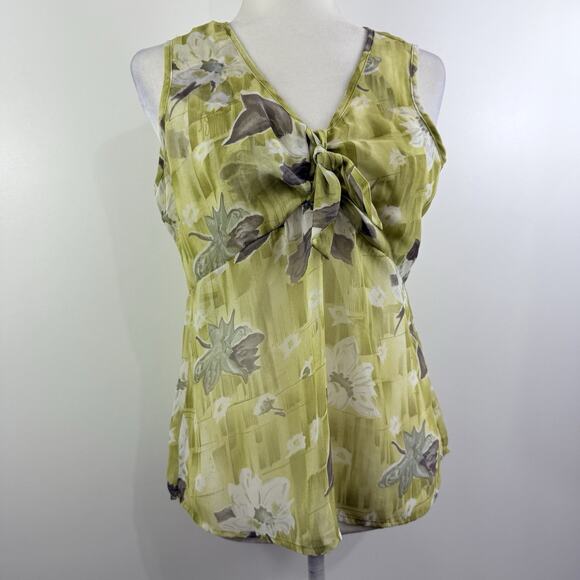 Vintage Y2K First Time Green Floral Sleeveless Blouse Medium Sheer Tie Bodice - Picture 10 of 12